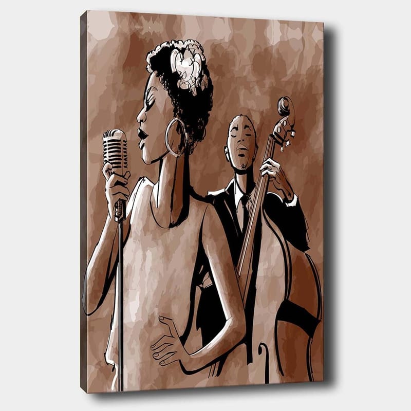 Canvas taulu 70x100 cm - Laulaja mikrofonin edessä basisti taustalla, Tummanruskea / Beige / Musta