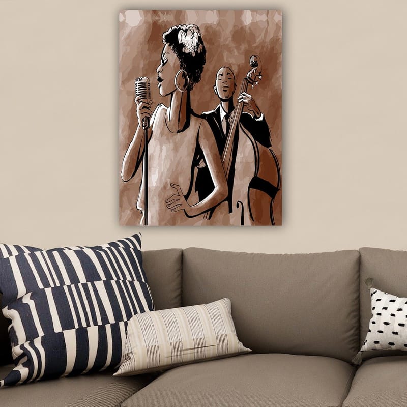 Canvas taulu 70x100 cm - Laulaja mikrofonin edessä basisti taustalla - Tummanruskea / Beige / Musta - Sisustustuotteet - Taulu & taide - Canvas-taulu