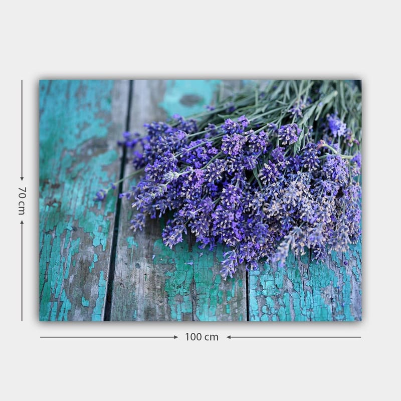 Canvas taulu 70x100 cm - Laventelikimppu kuluneelle, turkoosille puupinnalle - Violetti / Turkoosi - Sisustustuotteet - Taulu & taide - Canvas-taulu