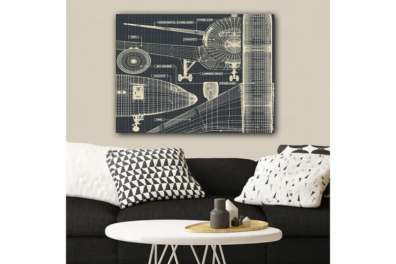 Canvas taulu 70x100 cm - Lentokoneen tekninen piirustus yksityiskohtaisine komponentteineen - Tummansininen / Vaaleanbeige - Sisustustuotteet - Taulu & taide - Canvas-taulu