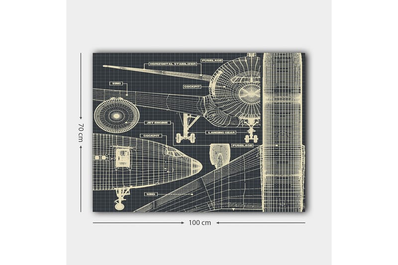 Canvas taulu 70x100 cm - Lentokoneen tekninen piirustus yksityiskohtaisine komponentteineen - Tummansininen / Vaaleanbeige - Sisustustuotteet - Taulu & taide - Canvas-taulu