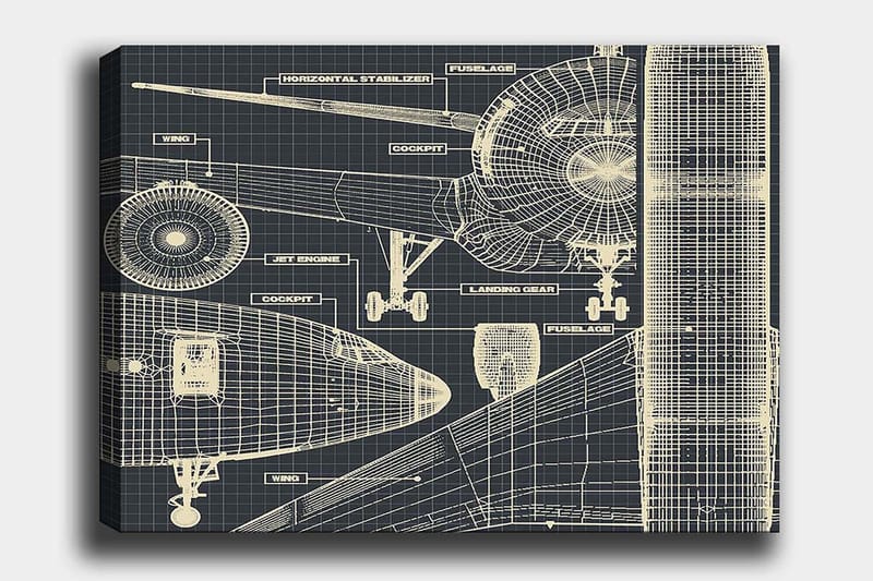 Canvas taulu 70x100 cm - Lentokoneen tekninen piirustus yksityiskohtaisine komponentteineen, Tummansininen / Vaaleanbeige