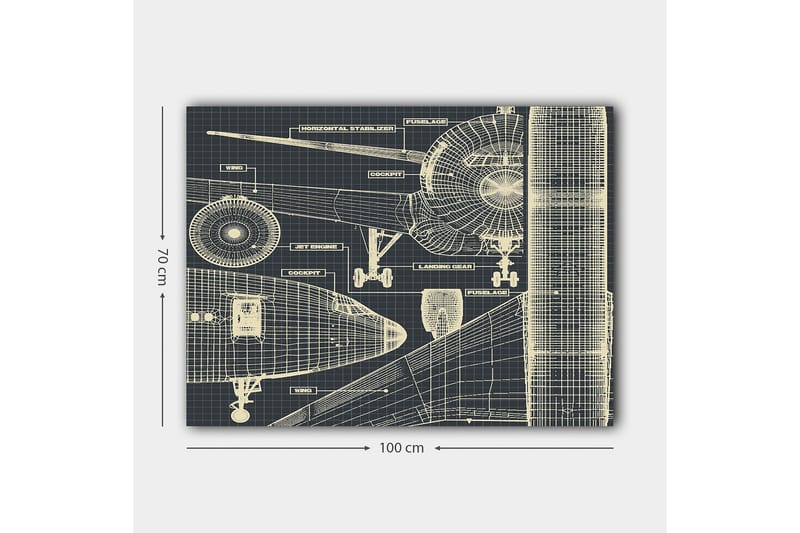 Canvas taulu 70x100 cm - Lentokoneen tekninen piirustus yksityiskohtaisine komponentteineen - Tummansininen / Vaaleanbeige - Sisustustuotteet - Taulu & taide - Canvas-taulu