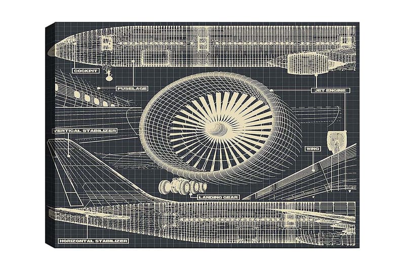 Canvas taulu 70x100 cm - Lentokoneen tekninen piirustus, jossa keskitytään moottoriin ja siipiin, Tummansininen / Beige