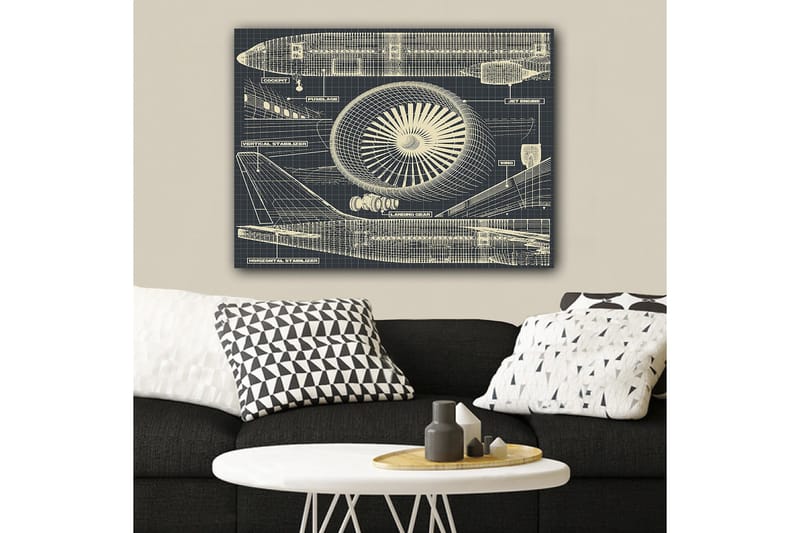 Canvas taulu 70x100 cm - Lentokoneen tekninen piirustus, jossa keskitytään moottoriin ja siipiin - Tummansininen / Beige - Sisustustuotteet - Taulu & taide - Canvas-taulu