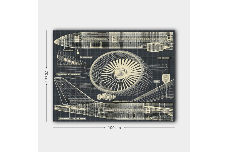 Canvas taulu 70x100 cm - Lentokoneen tekninen piirustus, jossa keskitytään moottoriin ja siipiin - Tummansininen / Beige - Sisustustuotteet - Taulu & taide - Canvas-taulu