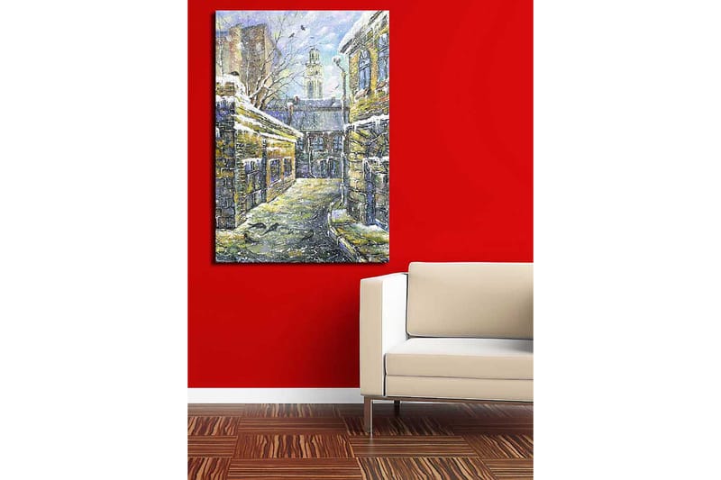Canvas taulu 70x100 cm - Linnunrata vanhojen rakennusten ympäröimänä, joiden katoilla on lunta - Keltainen / Sininen / Valkoinen - Sisustustuotteet - Taulu & taide - Canvas-taulu