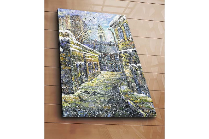 Canvas taulu 70x100 cm - Linnunrata vanhojen rakennusten ympäröimänä, joiden katoilla on lunta - Keltainen / Sininen / Valkoinen - Sisustustuotteet - Taulu & taide - Canvas-taulu