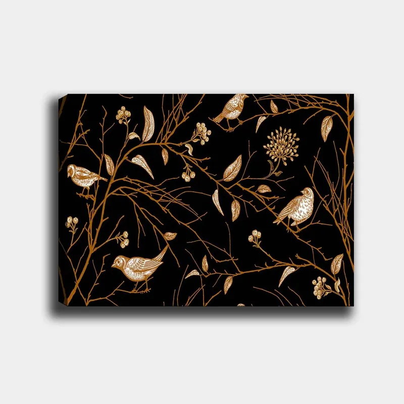 Canvas taulu 70x100 cm - Linnut ja oksat elegantissa kuosissa mustalla taustalla, Kulta / Musta