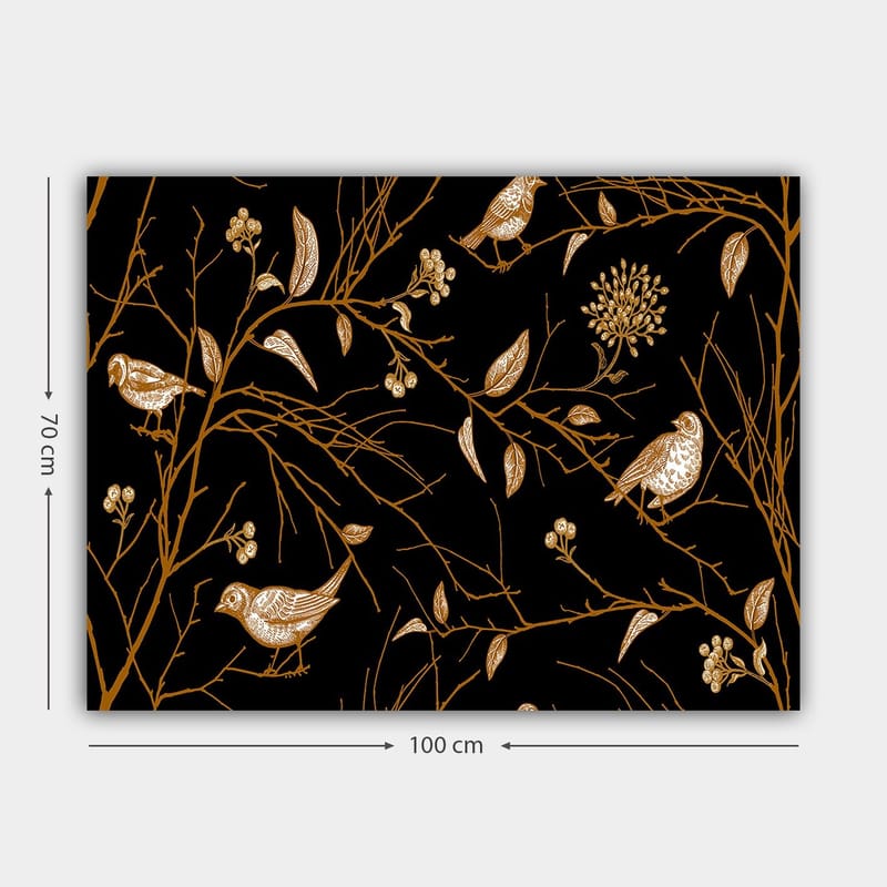 Canvas taulu 70x100 cm - Linnut ja oksat elegantissa kuosissa mustalla taustalla - Kulta / Musta - Sisustustuotteet - Taulu & taide - Canvas-taulu