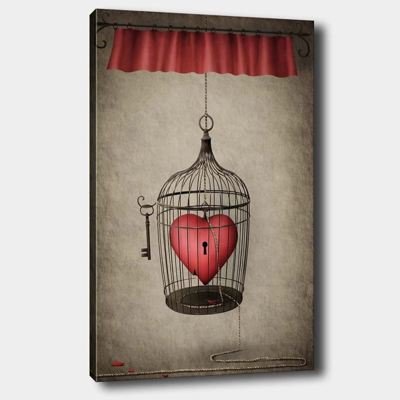 Canvas taulu 70x100 cm - Lintuhäkki, jonka sisällä on punainen sydän, roikkuu narusta, Punainen / Musta / Harmaa