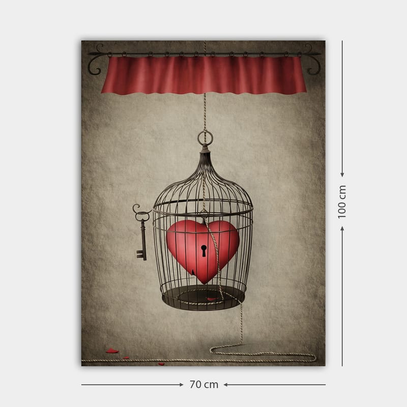 Canvas taulu 70x100 cm - Lintuhäkki, jonka sisällä on punainen sydän, roikkuu narusta - Punainen / Musta / Harmaa - Sisustustuotteet - Taulu & taide - Canvas-taulu
