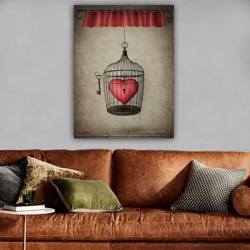 Canvas taulu 70x100 cm - Lintuhäkki, jonka sisällä on punainen sydän, roikkuu narusta - Punainen / Musta / Harmaa - Sisustustuotteet - Taulu & taide - Canvas-taulu
