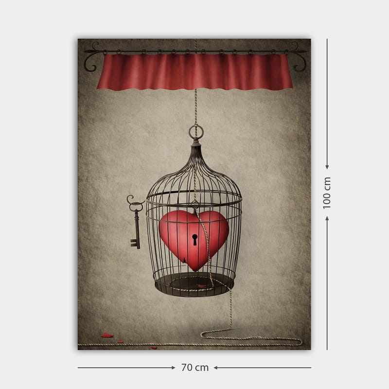 Canvas taulu 70x100 cm - Lintuhäkki, jonka sisällä on punainen sydän, roikkuu narusta - Punainen / Musta / Harmaa - Sisustustuotteet - Taulu & taide - Canvas-taulu