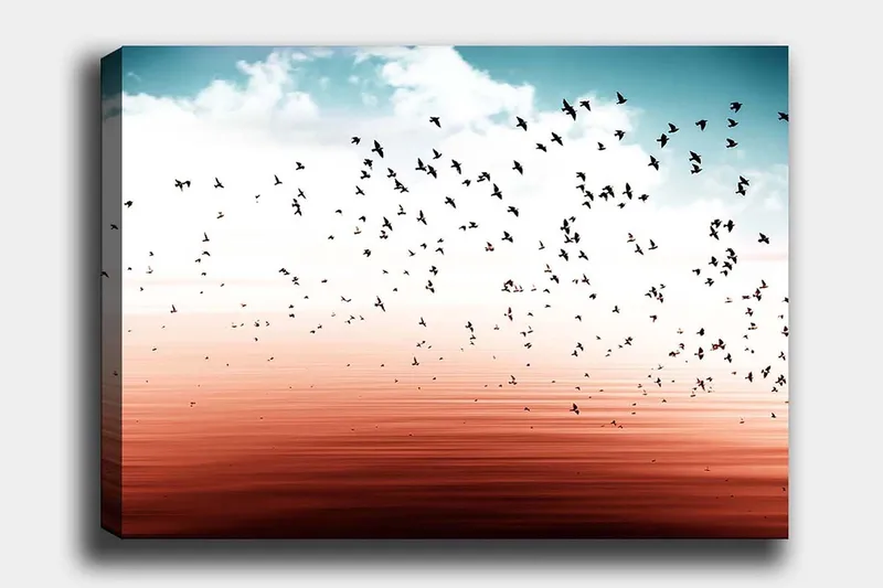 Canvas taulu 70x100 cm - Lintuparvi lentää tyynen veden pinnalla harmonisessa värimaailmassa, Sininen / Korallinpunainen