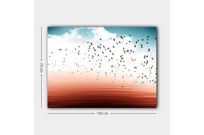 Canvas taulu 70x100 cm - Lintuparvi lentää tyynen veden pinnalla harmonisessa värimaailmassa - Sininen / Korallinpunainen - Sisustustuotteet - Taulu & taide - Canvas-taulu