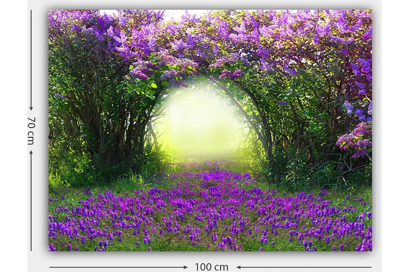 Canvas taulu 70x100 cm - Maaginen puutarha violeteilla kukilla, jotka johtavat kirkkaaseen vehreään tunneliin - Violetti / Vihreä / Keltainen - Sisustustuotteet - Taulu & taide - Canvas-taulu