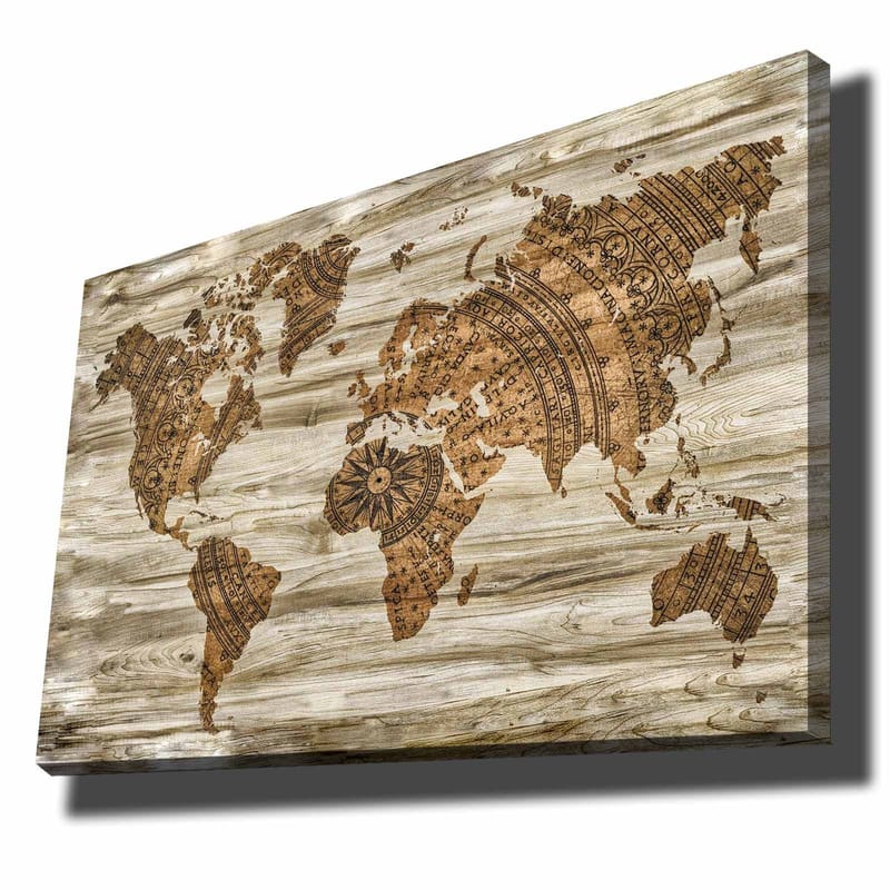 Canvas taulu 70x100 cm - Maailmankartta koristeellisessa ja tyylitellyssä kuosissa yksityiskohtaisilla kuvioilla, Ruskea / Beige