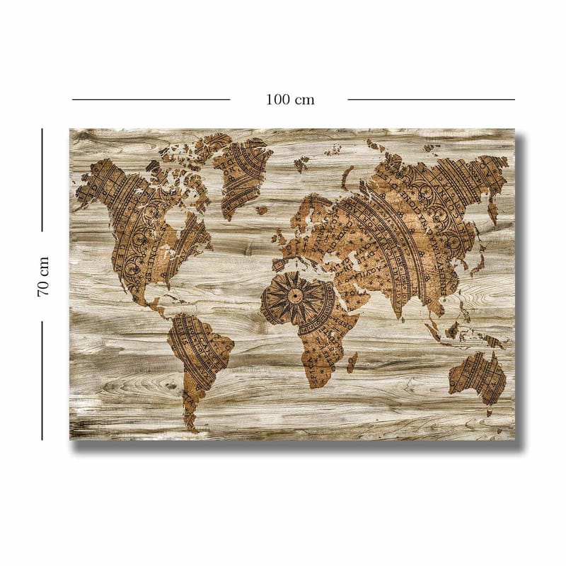 Canvas taulu 70x100 cm - Maailmankartta koristeellisessa ja tyylitellyssä kuosissa yksityiskohtaisilla kuvioilla - Ruskea / Beige - Sisustustuotteet - Taulu & taide - Canvas-taulu