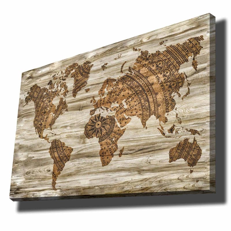 Canvas taulu 70x100 cm - Maailmankartta koristeellisessa ja tyylitellyssä kuosissa yksityiskohtaisilla kuvioilla, Ruskea / Beige