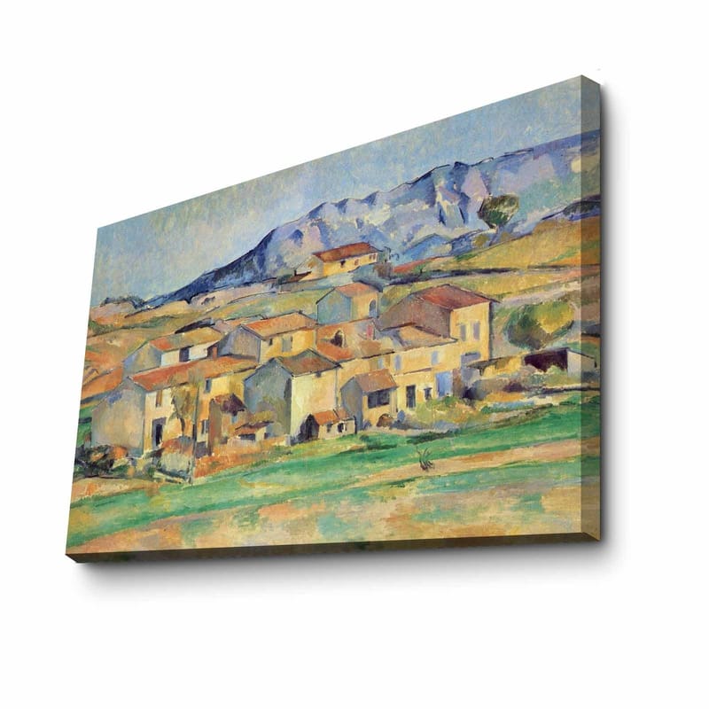 Canvas taulu 70x100 cm - Maisemamaalaus, jossa viehättäviä taloja ympäröivät vihreät pellot ja taustalla vuoret - Keltainen / Vihreä / Sininen - Sisustustuotteet - Taulu & taide - Canvas-taulu