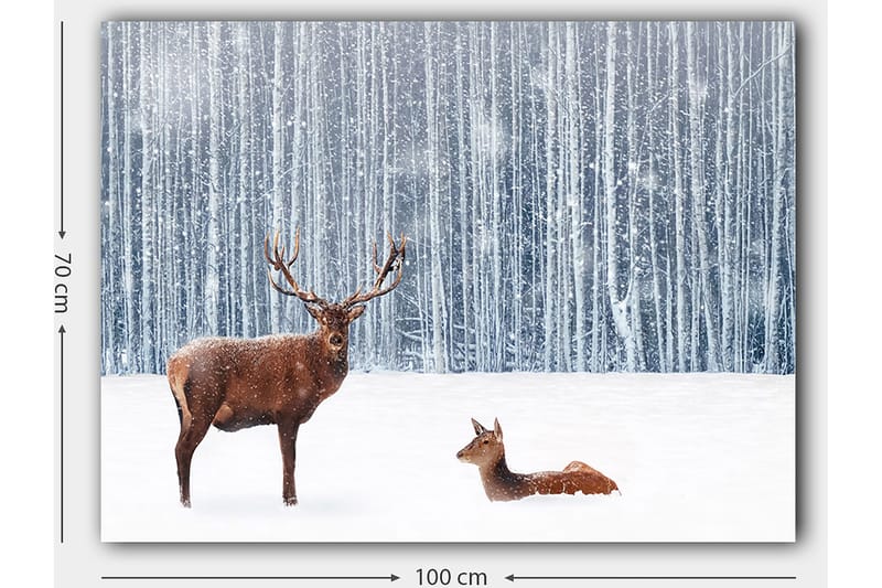 Canvas taulu 70x100 cm - Majesteettinen hirvi ja peura lumisessa metsäympäristössä - Ruskea / Valkoinen / Harmaa - Sisustustuotteet - Taulu & taide - Canvas-taulu