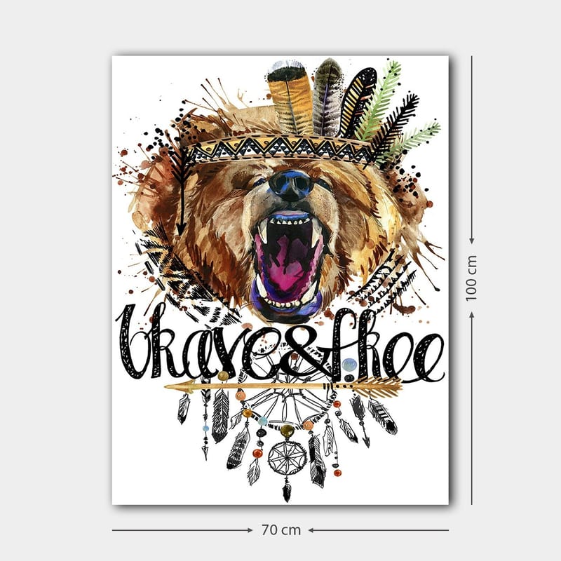 Canvas taulu 70x100 cm - Majesteettinen karhunpää värikkäällä höyhenseppeleellä ja koristeellisilla yksityiskohdilla - Ruskea / Musta / Oranssi - Sisustustuotteet - Taulu & taide - Canvas-taulu