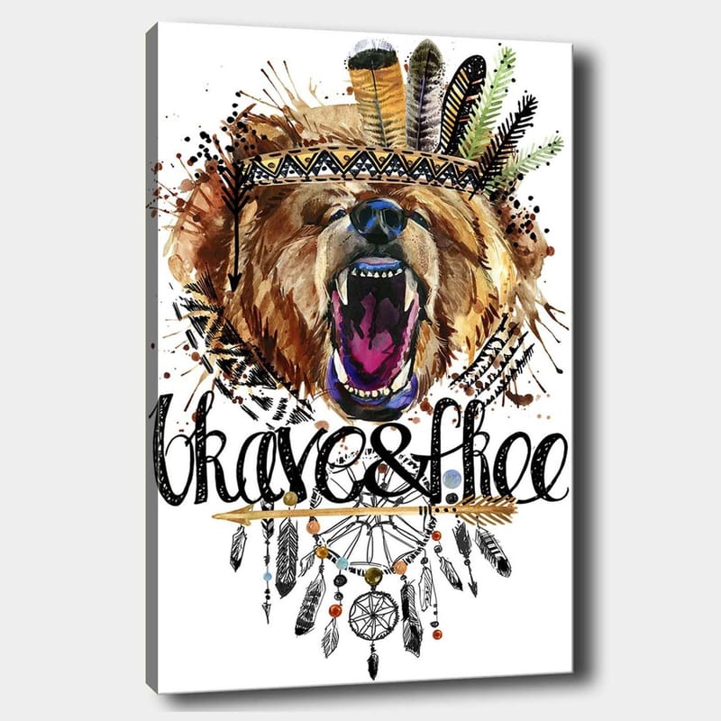Canvas taulu 70x100 cm - Majesteettinen karhunpää värikkäällä höyhenseppeleellä ja koristeellisilla yksityiskohdilla - Ruskea / Musta / Oranssi - Sisustustuotteet - Taulu & taide - Canvas-taulu