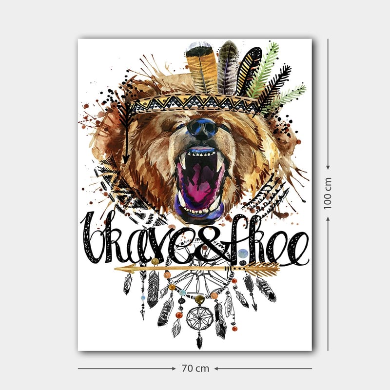 Canvas taulu 70x100 cm - Majesteettinen karhunpää värikkäällä höyhenseppeleellä ja koristeellisilla yksityiskohdilla - Ruskea / Musta / Oranssi - Sisustustuotteet - Taulu & taide - Canvas-taulu