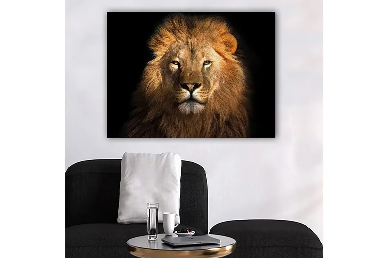 Canvas taulu 70x100 cm - Majesteettinen leijonanpää intensiivisellä katseella, Kulta / Ruskea / Musta