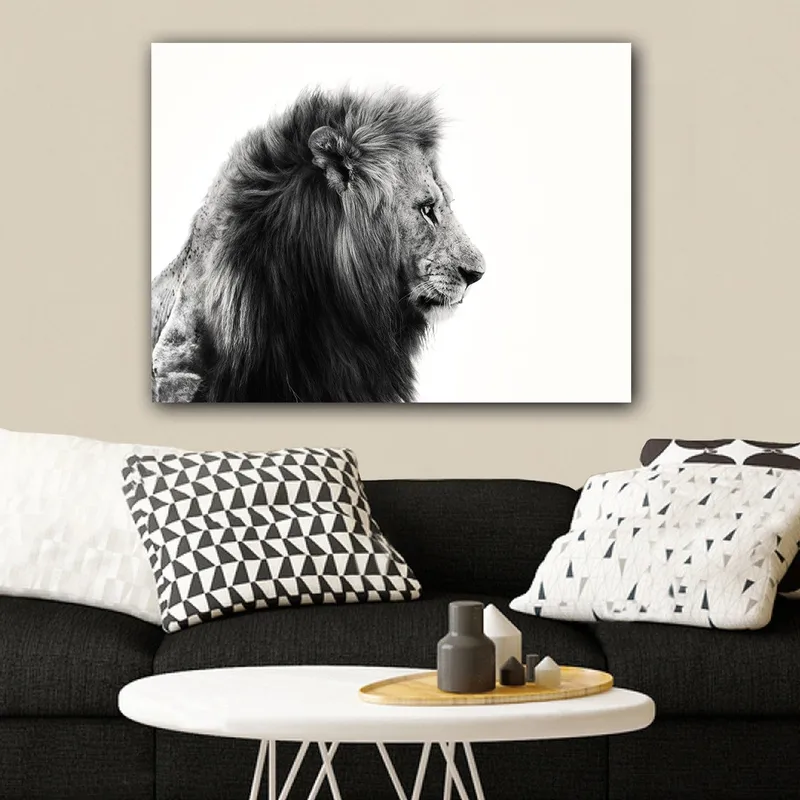 Canvas taulu 70x100 cm - Majesteettinen mustavalkoinen leijonan profiili, joka säteilee voimaa ja eleganssia, Musta / Valkoinen