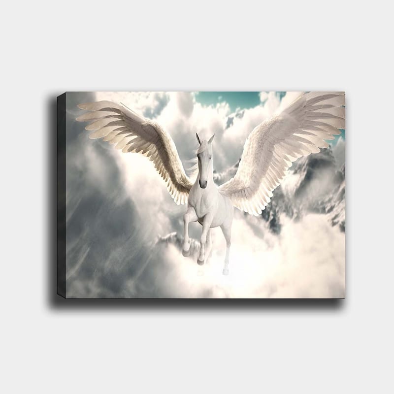 Canvas taulu 70x100 cm - Majesteettinen siivekäs yksisarvinen liitää pilvien läpi, Valkoinen / Vaaleansininen / Harmaa