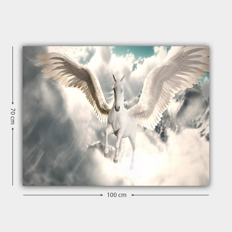 Canvas taulu 70x100 cm - Majesteettinen siivekäs yksisarvinen liitää pilvien läpi - Valkoinen / Vaaleansininen / Harmaa - Sisustustuotteet - Taulu & taide - Canvas-taulu