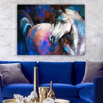 Canvas taulu 70x100 cm - Majesteettinen valkoinen hevonen värikkäillä yksityiskohdilla taustalla - Valkoinen / Sininen / Vaaleanpunainen - Sisustustuotteet - Taulu & taide - Canvas-taulu