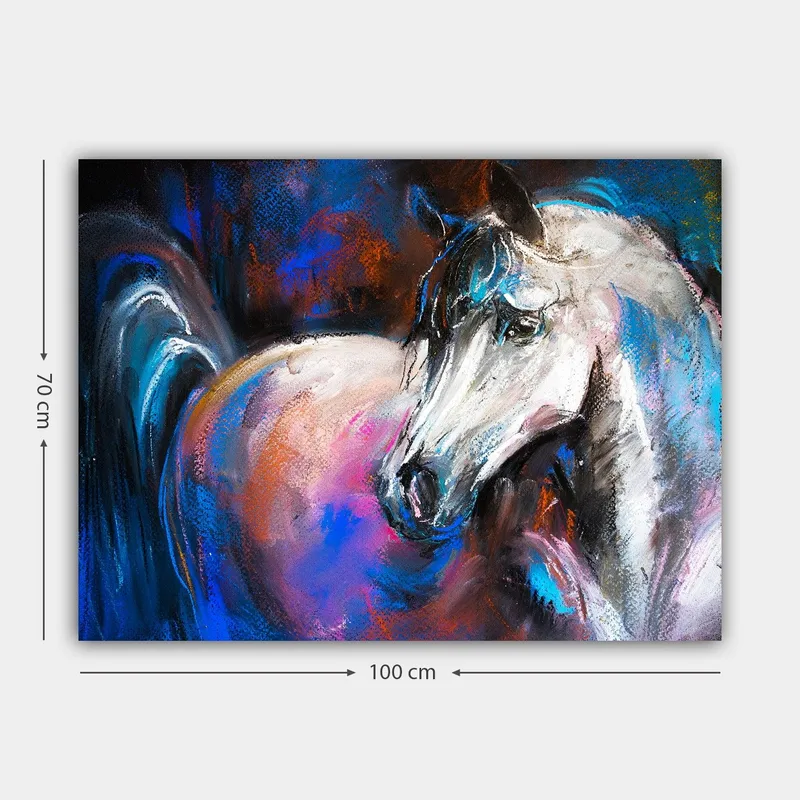 Canvas taulu 70x100 cm - Majesteettinen valkoinen hevonen värikkäillä yksityiskohdilla taustalla - Valkoinen / Sininen / Vaaleanpunainen - Sisustustuotteet - Taulu & taide - Canvas-taulu