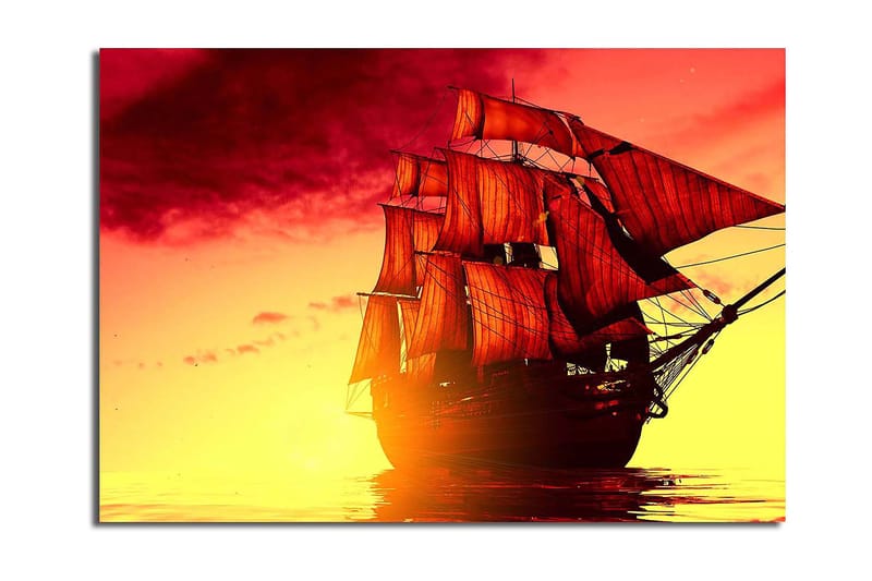 Canvas taulu 70x100 cm - Majesteettinen purjelaiva punaisine purjeineen navigoi kultaisessa auringonlaskussa, Punainen / Oranssi / Keltainen