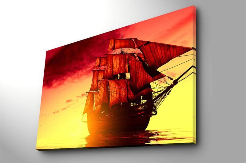 Canvas taulu 70x100 cm - Majesteettinen purjelaiva punaisine purjeineen navigoi kultaisessa auringonlaskussa - Punainen / Oranssi / Keltainen - Sisustustuotteet - Taulu & taide - Canvas-taulu
