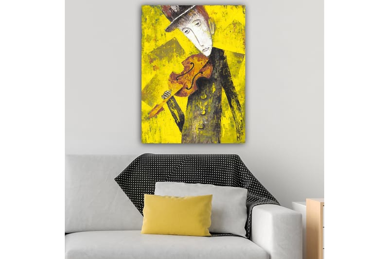Canvas taulu 70x100 cm - Melankolinen muusikko viulu kädessään kirkkaan keltaista taustaa vasten - Keltainen / Musta / Ruskea - Sisustustuotteet - Taulu & taide - Canvas-taulu