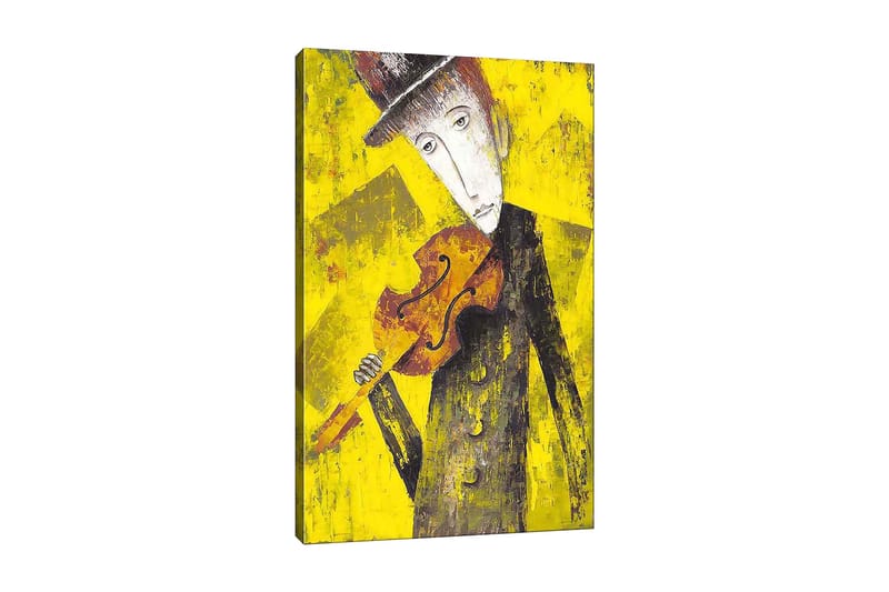 Canvas taulu 70x100 cm - Melankolinen muusikko viulu kädessään kirkkaan keltaista taustaa vasten, Keltainen / Musta / Ruskea