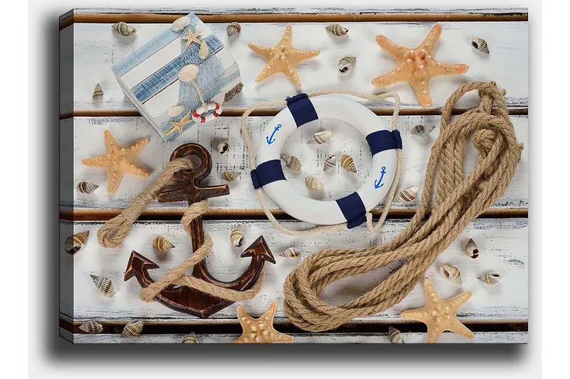 Canvas taulu 70x100 cm - Merellinen asetelma simpukoilla, tähtimuotoisella meritähdellä ja pelastusrenkaalla - Beige / Sininen / Ruskea - Sisustustuotteet - Taulu & taide - Canvas-taulu