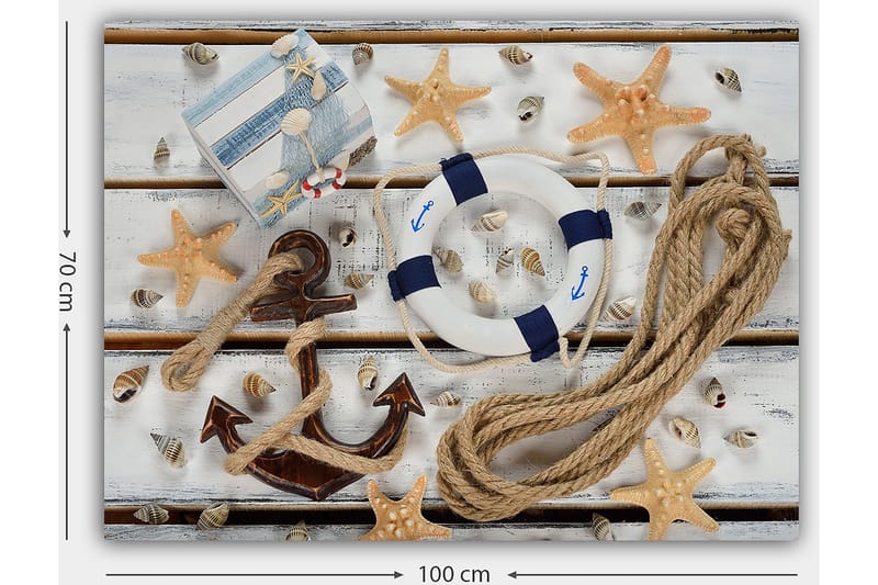 Canvas taulu 70x100 cm - Merellinen asetelma simpukoilla, tähtimuotoisella meritähdellä ja pelastusrenkaalla - Beige / Sininen / Ruskea - Sisustustuotteet - Taulu & taide - Canvas-taulu