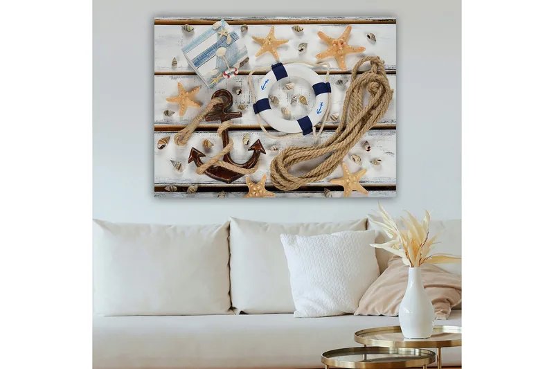 Canvas taulu 70x100 cm - Merellinen asetelma simpukoilla, tähtimuotoisella meritähdellä ja pelastusrenkaalla, Beige / Sininen / Ruskea