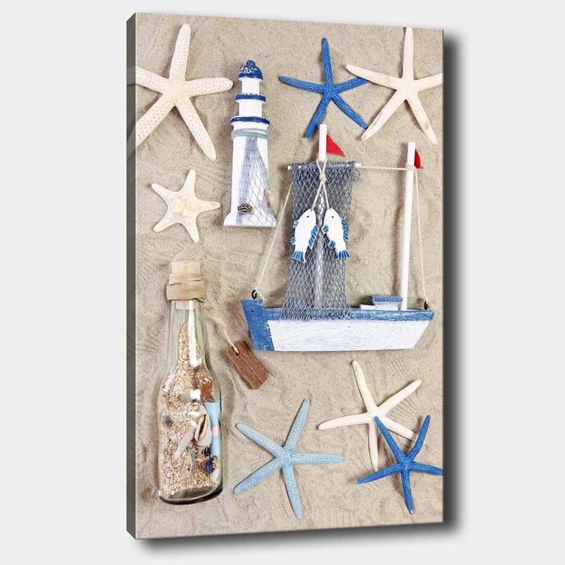 Canvas taulu 70x100 cm - Merellinen sommitelma veneellä, majakalla ja meritähdellä, Sininen / Valkoinen / Beige