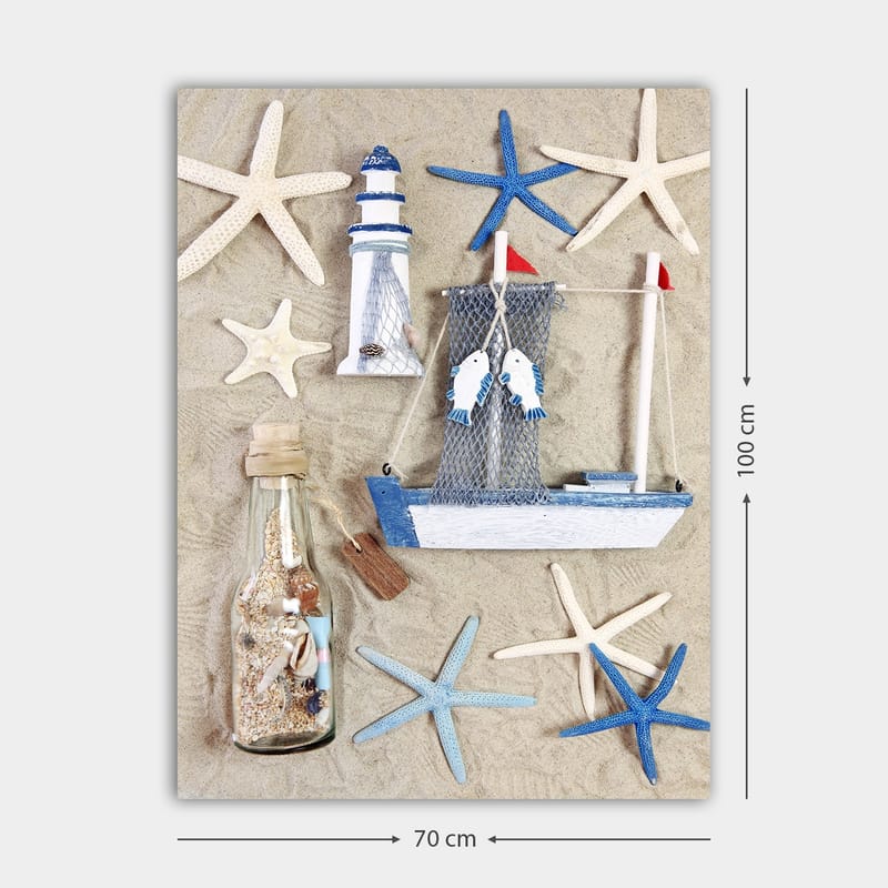 Canvas taulu 70x100 cm - Merellinen sommitelma veneellä, majakalla ja meritähdellä - Sininen / Valkoinen / Beige - Sisustustuotteet - Taulu & taide - Canvas-taulu