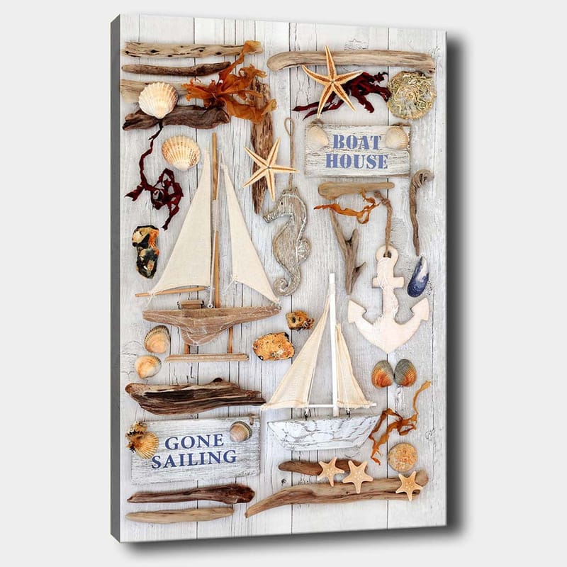 Canvas taulu 70x100 cm - Merellinen sommitelma purjeveneillä, simpukoilla ja meritähdillä, jotka luovat kesäisen tunnelman, Beige / Ruskea / Sininen