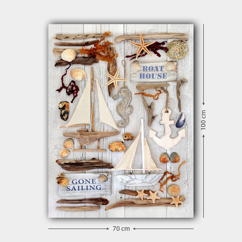 Canvas taulu 70x100 cm - Merellinen sommitelma purjeveneillä, simpukoilla ja meritähdillä, jotka luovat kesäisen tunnelman - Beige / Ruskea / Sininen - Sisustustuotteet - Taulu & taide - Canvas-taulu