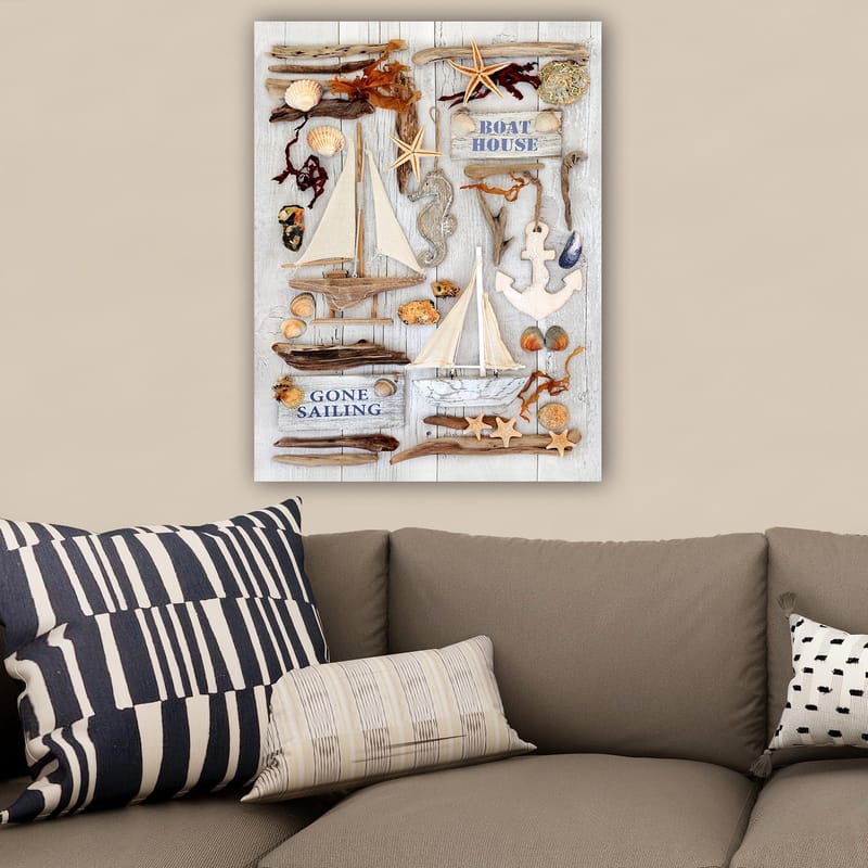 Canvas taulu 70x100 cm - Merellinen sommitelma purjeveneillä, simpukoilla ja meritähdillä, jotka luovat kesäisen tunnelman - Beige / Ruskea / Sininen - Sisustustuotteet - Taulu & taide - Canvas-taulu