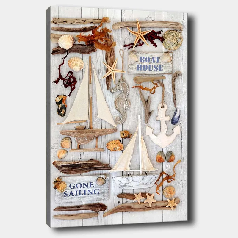 Canvas taulu 70x100 cm - Merellinen sommitelma purjeveneillä, simpukoilla ja meritähdillä, jotka luovat kesäisen tunnelman, Beige / Ruskea / Sininen