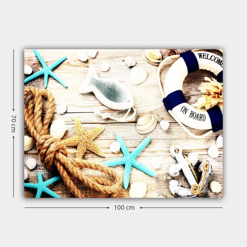 Canvas taulu 70x100 cm - Merellistä rauhaa meritähdillä, simpukoilla ja pelastusrenkaalla, joka luo kesäisen tunnelman - Turkoosi / Beige / Keltainen - Sisustustuotteet - Taulu & taide - Canvas-taulu