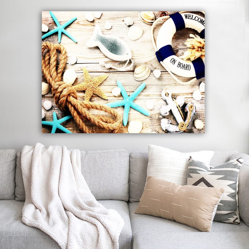 Canvas taulu 70x100 cm - Merellistä rauhaa meritähdillä, simpukoilla ja pelastusrenkaalla, joka luo kesäisen tunnelman - Turkoosi / Beige / Keltainen - Sisustustuotteet - Taulu & taide - Canvas-taulu